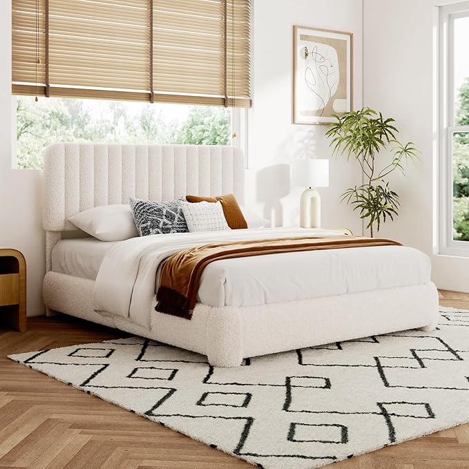 Queen Size Boucle Bed Frame, Upholstered Cloud Platform Bed Frame with Adjustable Headboard, Vertical Tufted, Soft Rounded Corners, No Box Spring Needed, Noise Free Design, Easy Assembly, Beige