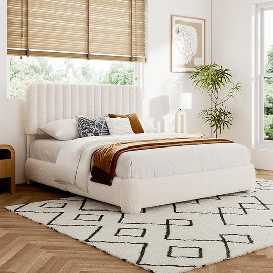 Queen Size Boucle Bed Frame, Upholstered Cloud Platform Bed Frame with Adjustable Headboard, Vertical Tufted, Soft Rounded Corners, No Box Spring Needed, Noise Free Design, Easy Assembly, Beige