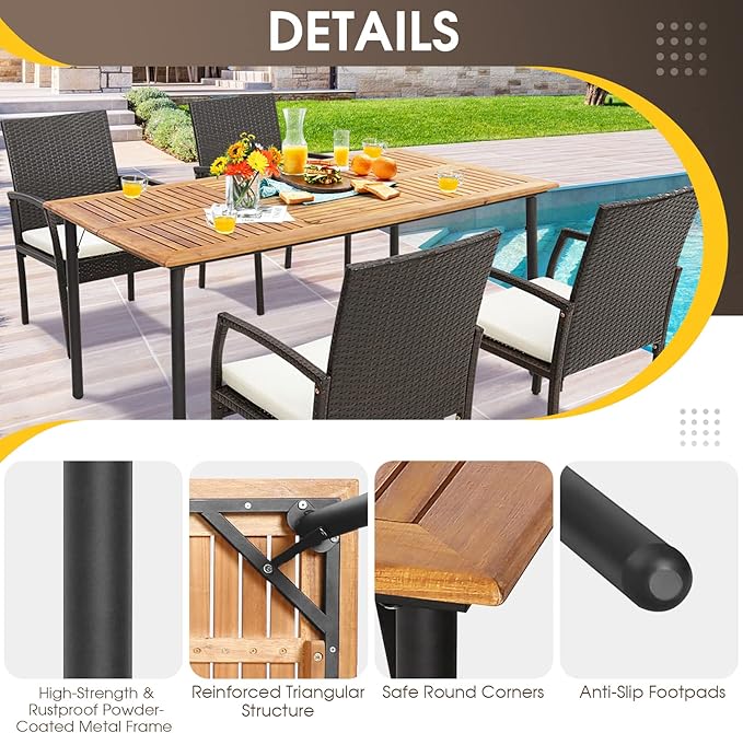 Tangkula Patio Acacia Wood Dining Table for 6 Persons, Large Rectangular Dining Table with Metal Legs, Umbrella Hole, Farmhouse Indoor Outdoor Dining Furniture for Yard Deck Lawn, 63”L x 36”W x 30”H