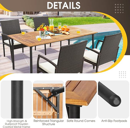 Tangkula Patio Acacia Wood Dining Table for 6 Persons, Large Rectangular Dining Table with Metal Legs, Umbrella Hole, Farmhouse Indoor Outdoor Dining Furniture for Yard Deck Lawn, 63”L x 36”W x 30”H