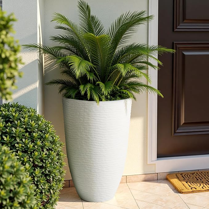 Worth Garden 2-Pack 21" H. White Tall Planters - 14'' Dia Resin Large Round Flower Pots for Outdoor Plants Trees - Imitation Stone Finish Plastic Indoor Front Porch 9 Gallon Decorative Container Patio