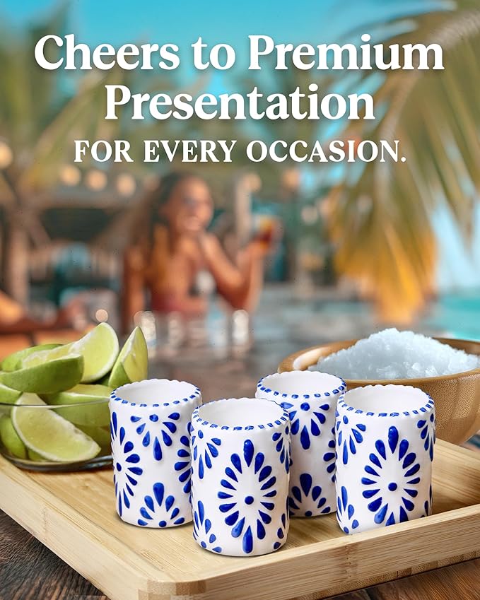 Talavera Shot Glasses 100% Handmade Ceramic Shot Glasses Mexican Pottery Design Perfect Gifts for Women & Men, BLUE