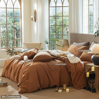 MooMee Wavy Striped Duvet Cover Set 100% Washed Cotton Linen Like Textured Breathable Durable Soft Comfy (Dark Orange, Palatial King/Oversized King 120"x98")