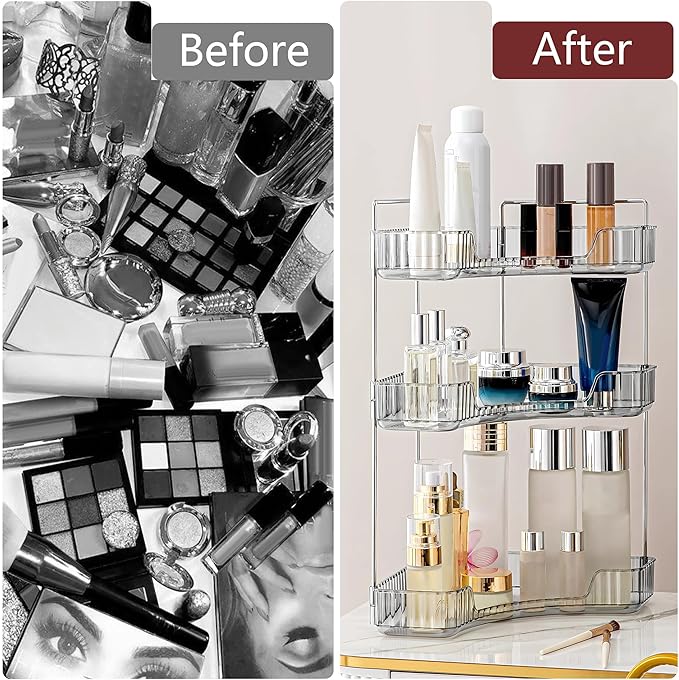 Corner Bathroom Counter Organizer Bathroom Countertop Shelf Makeup Organizer for Vanity Perfume Corner Storage (3 Tiers, Grey)