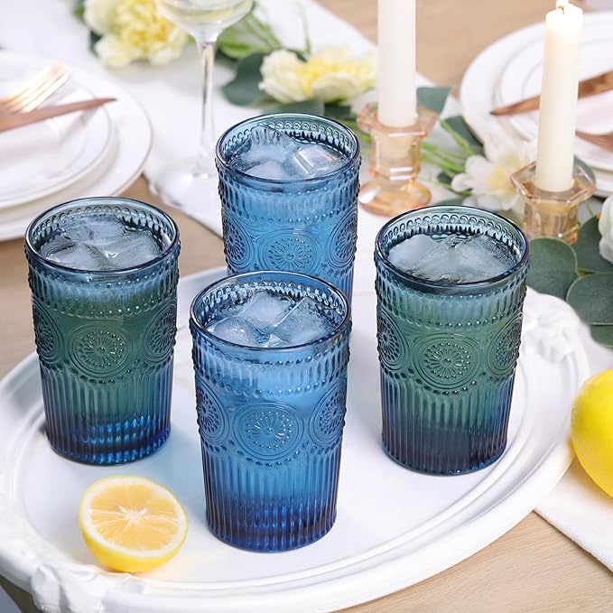 Vintage Glassware Drinking Glasses Set of 4-13 oz Blue Highball Glasses Water Tumbler, Embossed Glassware Cups for Juice, Beer, Cocktail, Whiskey, Various Mixed Drinks