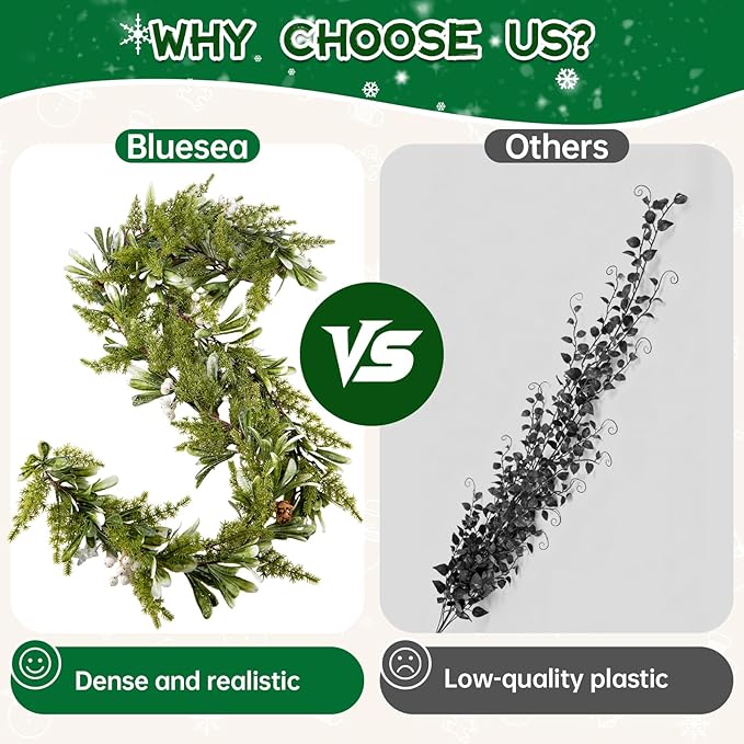 Bluesea 6FT Artificial Norfolk Pine Garland, Real Touch Pine Garland, Faux Christmas Greenery for Table Mantle Fireplace Indoor Outdoor Xmas Decorations (1 Pcs)