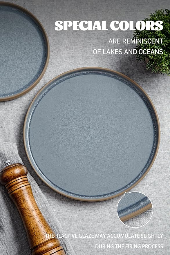 Famiware Nature Plates and Bowls Sets, 12 Pieces Stoneware Dinnerware Sets, Dishes Set for 4, Dishware Sets, Microwave and Dishwasher Safe, Light Blue