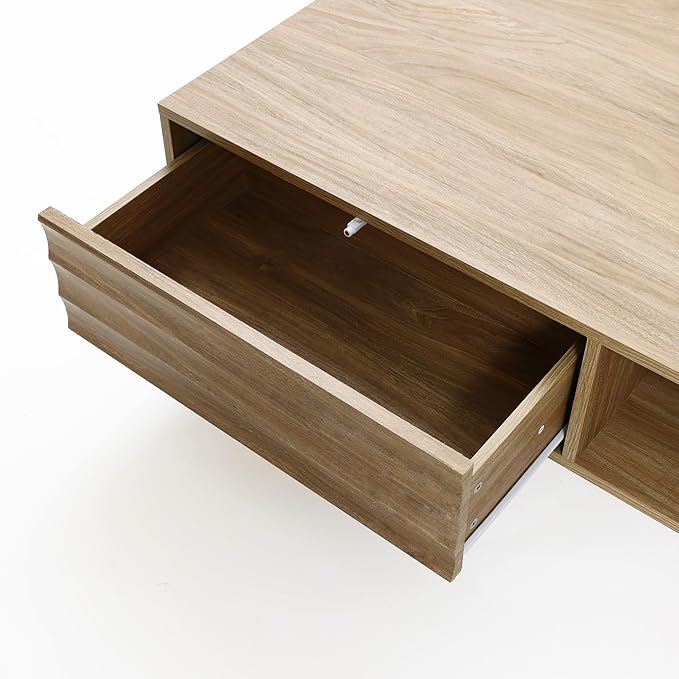 LuxenHome Mid-Century Modern Coffee Table with Storage, Wave Design Farmhouse Wood Center Table with Metal Legs, Open Shelf & Drawer, Accent Tea Table for Living Room, Rustic & Functional Design