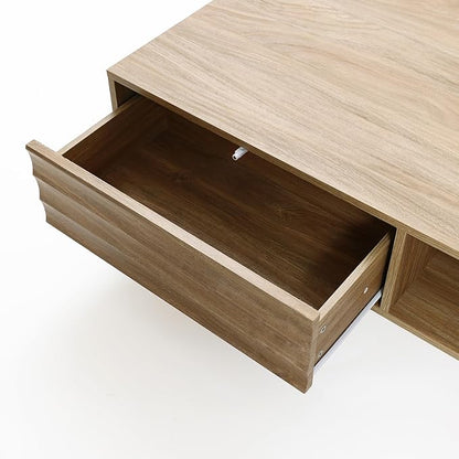 LuxenHome Mid-Century Modern Coffee Table with Storage, Wave Design Farmhouse Wood Center Table with Metal Legs, Open Shelf & Drawer, Accent Tea Table for Living Room, Rustic & Functional Design