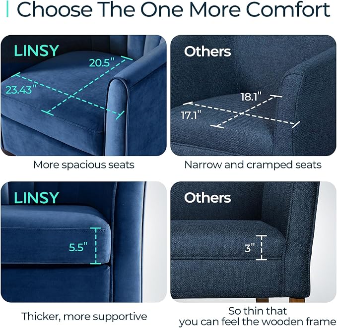 LINSY Accent Chair with Ottoman, Modern Armchair Comfy Barrel Reading Chair with Footrest for Living Room Bedroom Reading Room, Velvet, Blue