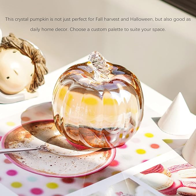 HDCRYSTALGIFTS 2.8’’ Crystal Pumpkin Figurine Art Glass Pumpkins for Decorating Harvest Glass Paperweight Fall Harvest Halloween,Champagne Color