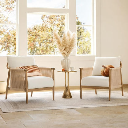 CHITA Braid Accent Chair, Modern Armchair with Solid Wooden Armrest for Living Room and Bedroom, Boho Reading Chair, Cream