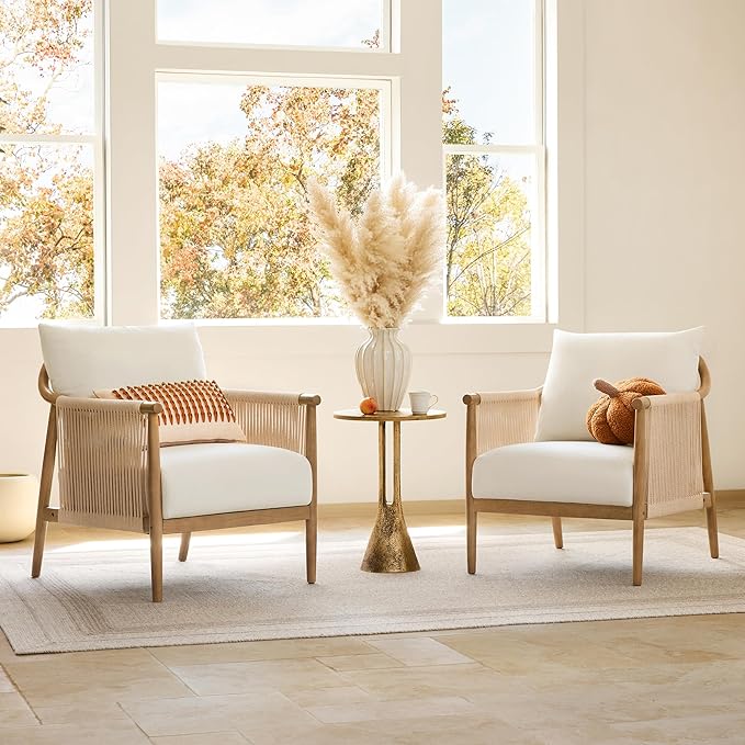 CHITA Braid Accent Chair Set of 2, Modern Armchair with Solid Wooden Armrest for Living Room and Bedroom, Boho Reading Chair, Cream