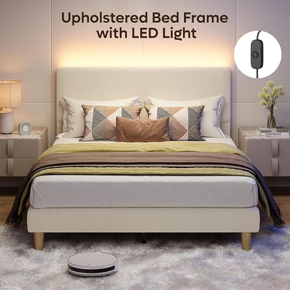Bestier Queen Bed Frame with Adjustable Headboard, LED Lighting, Vertical Channel Tufted Corduroy Upholstered, Solid Wooden Slats Support, No Box Spring Needed, Never Squeaks, Easy Assembly, Beige