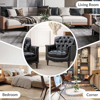 HULALA HOME Mid Century Modern Leather Club Chairs, Top-Grain Genuine Leather Armchairs with Button-Tufted Back & Solid Wood Legs, Accent Chairs for Living Room/Bedroom/Home Office, Black