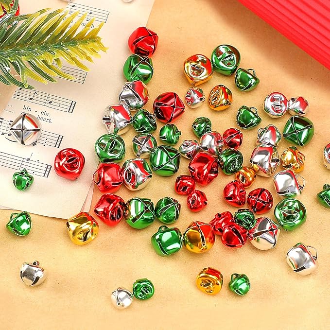 Augshy 240 Pieces Colorful Jingle Bells 4 Colors Mixed Craft Bell Bulk for Christmas Home and Pet Decorations Xmas Decor Party Favors Supplies (0.3/0.4/0.47 inch)
