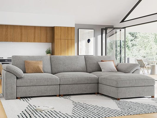 EASE MOOSE Oversized Modular Sectional Sofa with Ottoman,L Shape Sectional Modular Couch Wide Deep seat Sofa,FSC Certified Chenille Couch,Grey
