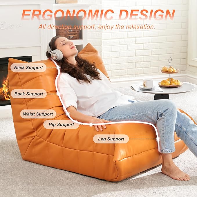 Hobestluk Giant Bean Bag Chair Lazy Floor Sofa, Fireside Sofa for Adults, Big Beanbag Faux Leather Armless Chair for Living Room Bedroom Dorm Office (Orange, Single)