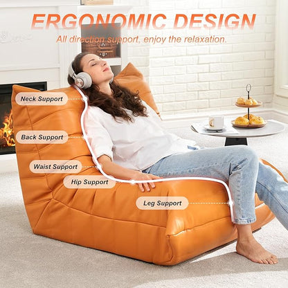 Hobestluk Giant Bean Bag Chair Lazy Floor Sofa, Fireside Sofa for Adults, Big Beanbag Faux Leather Armless Chair for Living Room Bedroom Dorm Office (Orange, Single)