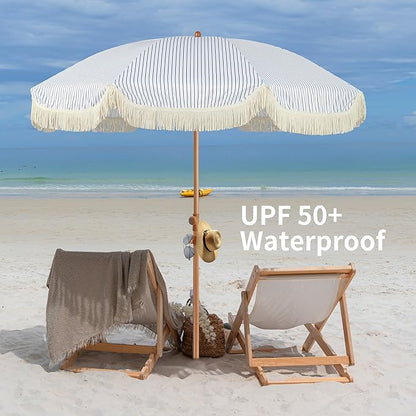 6.5ft Patio Umbrella with Fringe, Beach Umbrella, Fringe Umbrella Outdoor Patio with Hanging Hook, Tilting Aluminum Pole, UV 50+, Fiberglass Ribs, Blue White Stripe