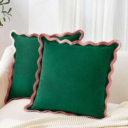 MONDAY MOOSE Decorative Throw Pillow Covers Cushion Cases, Set of 2 Soft Velvet Scalloped Wavy Edge Designs, Mix and Match for Home Decor, Pillow Inserts Not Included (Pink/Green, 22x22 inch)