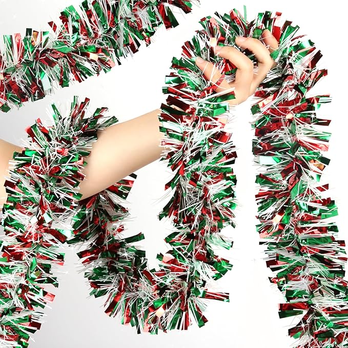 50 FT Christmas Tinsel Garland Metallic Tinsel Twist Shiny Christmas Tree Hanging Garland Decorations for Christmas Party Supplies Indoor and Outdoor Decor (Red, Green and White)