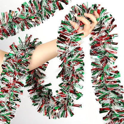 50 FT Christmas Tinsel Garland Metallic Tinsel Twist Shiny Christmas Tree Hanging Garland Decorations for Christmas Party Supplies Indoor and Outdoor Decor (Red, Green and White)