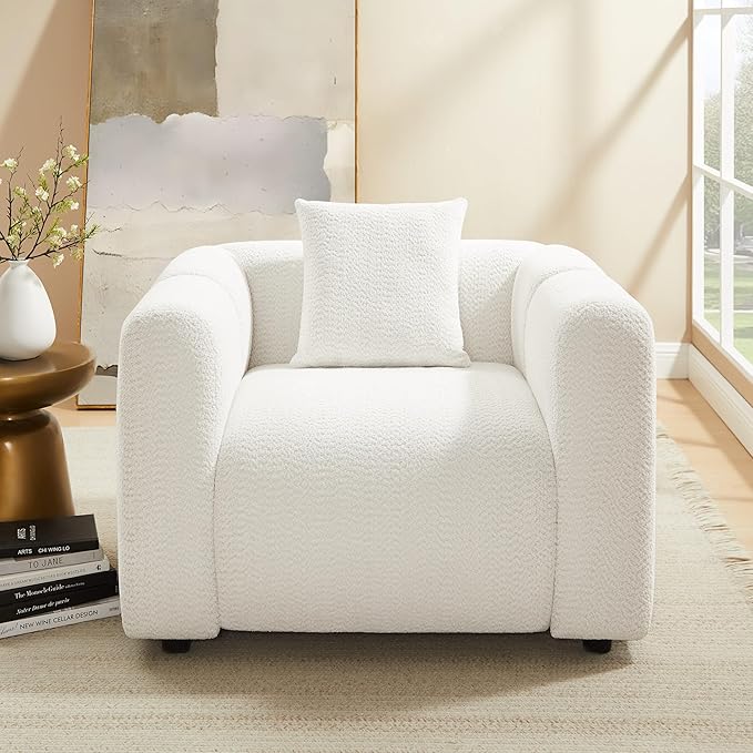 VANOMi 42" Width Accent Chair for Living Room, Modern Lounge Chair with Pillow, Comfy Upholstered Boucle Single Sofa Chair for Living Room (White)