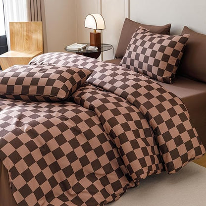 CLOTHKNOW Brown Plaid King Size Comforter Set Grid Bedding Comforter Sets Checker Geometric Comforter with 2 x Pillow Cases