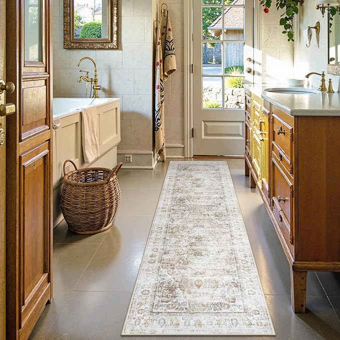 Uphome Bathroom Runner Rug, Distressed Tribal Farmhouse Light Khaki Bathroom Mat, Large Bathroom Rugs Non Slip Washable, Oriental Retro Boho Bath Mat Runner for Bathtub Sink Hallway, 24x71 inch