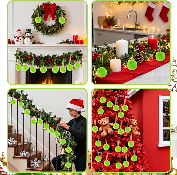 12 Pcs Lime Green Furry Christmas Balls Ornaments Green Christmas Hanging Decorations for Xmas Tree Faux Fur Pom Pom Ball Ornaments for Wreath Fireplace Wall Home Party Supplies