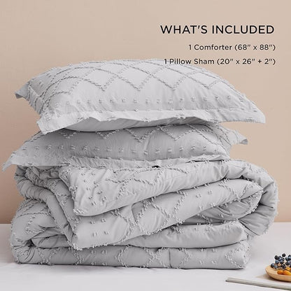 Bedsure Twin Comforter Set - Light Grey Comforter, Boho Tufted Shabby Chic Bedding for Kids, 2 Pieces Vintage Farmhouse Bed Set for All Seasons, Fluffy Soft Bedding with 1 Pillow Sham