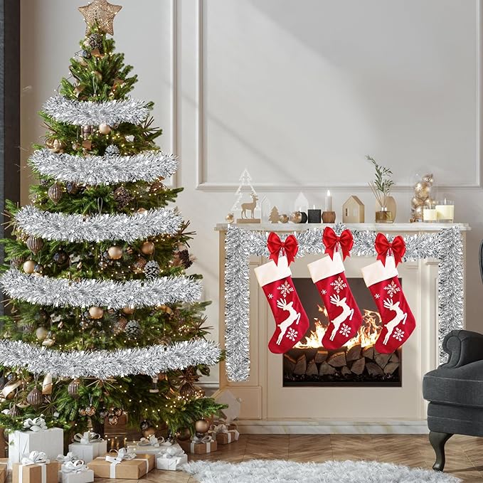 50 FT Silver Christmas Tinsel Garland Christmas Decorations for Xmas Tree Decor Metallic Twist Shiny Hanging Garlands for Tree Mantel Stairs Fireplace Home Indoor Outdoor Holiday Decor Party Supplies