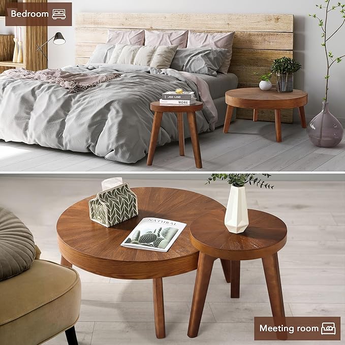 Farmhouse Round Coffee Table Set of 3, Boho Sofa Side Nesting Tables End Table Set with Wood Natural Finish for Living Room, Bedroom, Home Office,Brown