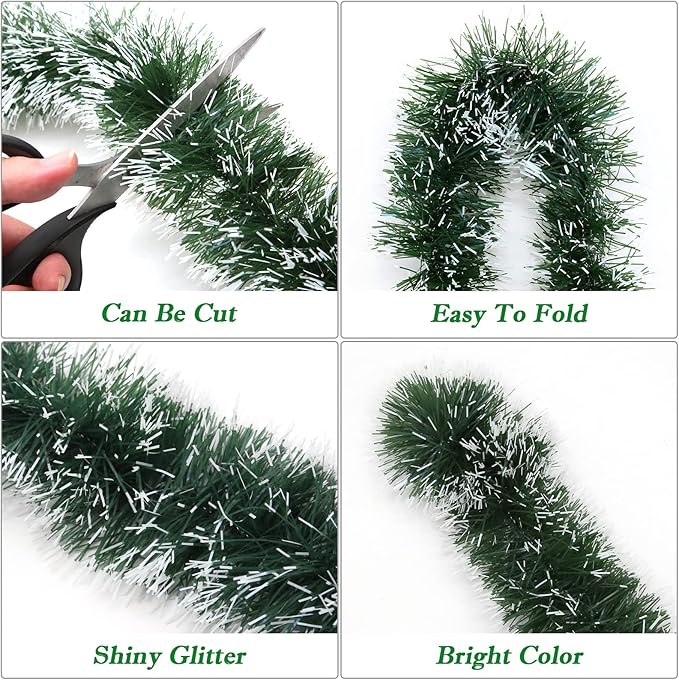 LEASEN 50Ft Green Metallic Twist Christmas Tinsel Garland Decorations with Snowflake Tip, Irregular Shape, Artificial, 50 Feet Long