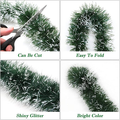LEASEN 50Ft Green Metallic Twist Christmas Tinsel Garland Decorations with Snowflake Tip, Irregular Shape, Artificial, 50 Feet Long