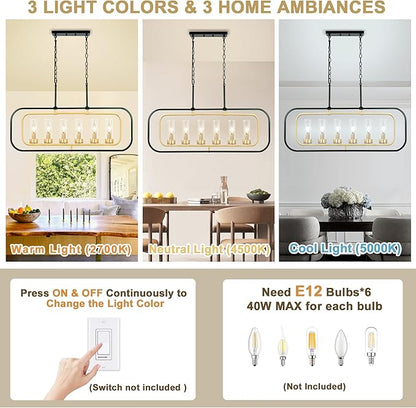 Dining Room Chandelier, 36" Modern Farmhouse Chandelier Black and Gold Dining Room Light Fixture 6-Light Kitchen Island Lights Horizontal Linear Pendant Light Fixtures with Clear Glass Shade