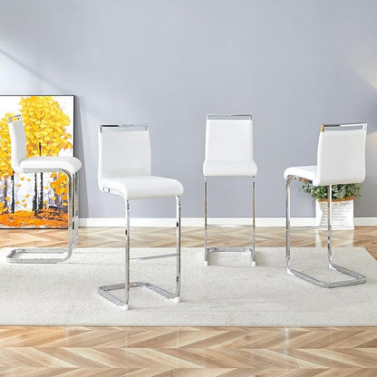 White Bar Stools Set of 4,30" Counter Height Bar Stools with Footrest,White Faux Leather Kitchen Stools with Chrome Plated Metal Leg,Counter Height Stools Ideal for Island Pub Kitchen Counter Dining Chair