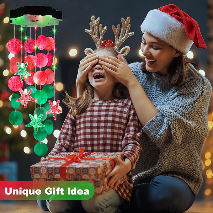 Solar Shell Gift for Mom Grandma Girls, Christmas Red & Green Solar Wind Chimes for Outside,Christmas Decorative Mobile Lights for Garden, Yard, Patio, Window, Party, Outdoor Decorations