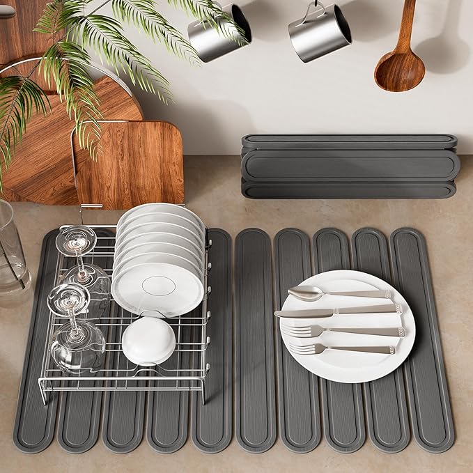Stone Dish Drying Mat or Kitchen Counter, Quick Dry Stone Mat Kitchen for Dishes Bottles Cups, Large Foldable Diatomaceous Earth Dish Drying Mats Match Any Countertop, Dark Grey