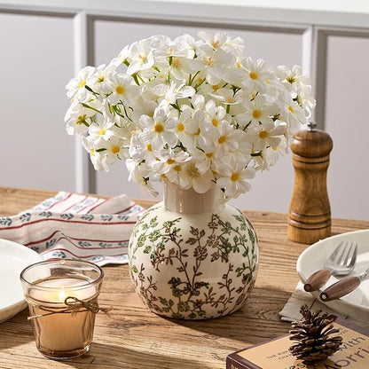 SIDUCAL Ceramic Green and Beige Antique Vase, 5.91 Inch Retro Ice Cracked Chinoiserie Floral Vase, Rustic Farmhouse Vases for Home Decor, Bookshelf, Office, Garden, Chinoiserie Decor, Tuscan Decor