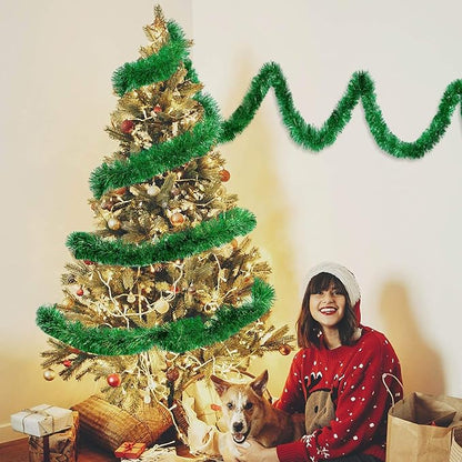 WILLBOND 50 ft Christmas Tinsel Garland Metallic Tinsel Twist Garland Christmas Tree Decorations New Year Wedding Birthday Hanging Decorations Party Supplies, 3 Inch(Green)