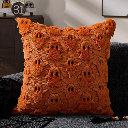 DFXSZ Halloween Pillow Covers 16x16 inch Set of 2 Orange White Ghost Throw Pillow Cases Soft Plush Faux Fur Wool Cushion Case for Chair Bedroom Living Room Home Decor PTK03K16