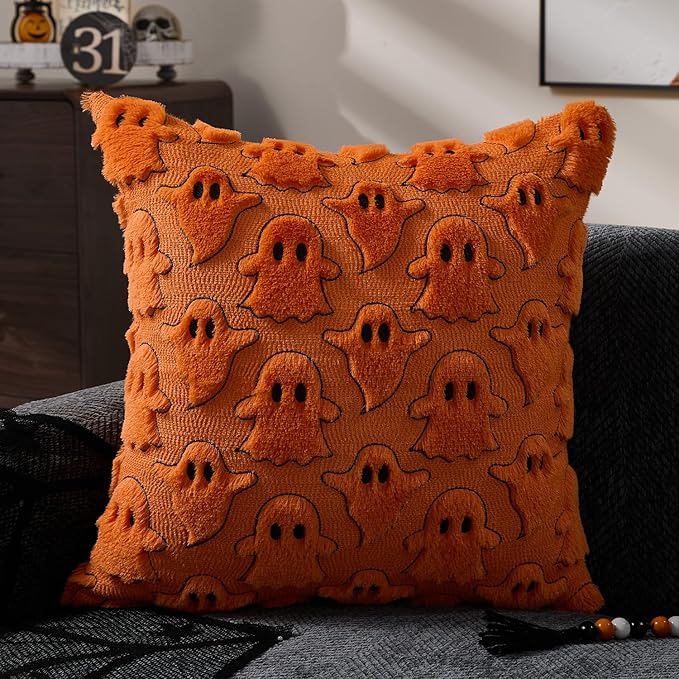 DFXSZ Halloween Pillow Covers 20x20 inch Set of 2 Orange White Ghost Throw Pillow Cases Soft Plush Faux Fur Wool  Cushion Case for Chair Bedroom Living Room Home Decor PTK03K20