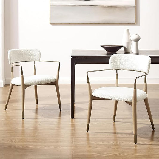 Art Leon Mid Century Modern Dining Chairs - Boucle Fabric Upholstered Dining Room Chairs with Wood Legs with Open Backrest, Set of 2, White
