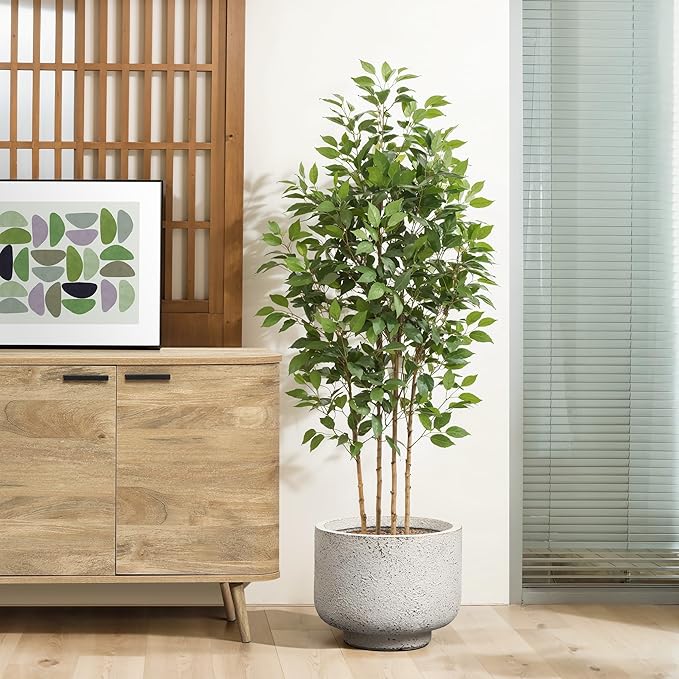 LuxenHome 12-Inch Dia Round Concrete Planters, Outdoor Indoor Decorative Plant Pots with Drainage Holes and Rubber Plug, Rustic Distressed Speckled Gray Flower Pot Planters for Home Garden Patio