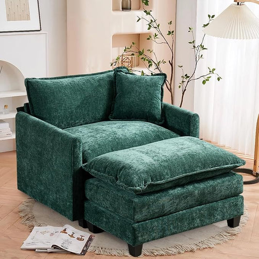 SoarFlash Chenille Sectional Sofa, Comfy Modular Single Sofa with Ottoman, Modern Recliner Deep Seat Sofa Set for Living Room,Green