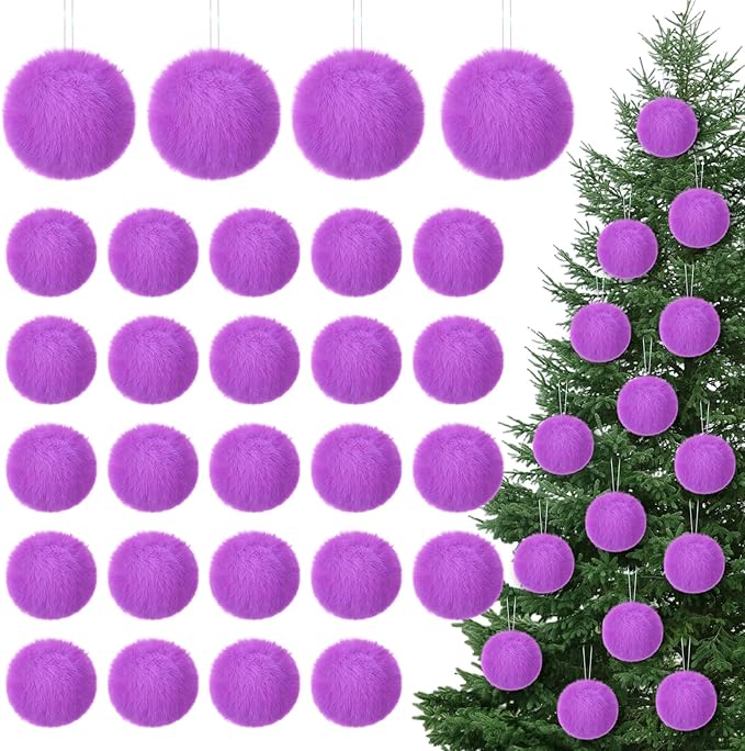 12Pcs Furry Christmas Ball Ornament for Xmas Tree Purple Soft Faux Fur Pom Pom Ball Ornaments Christmas Tree Hanging Decorations for Winter Party Home Decor Costume Supplies