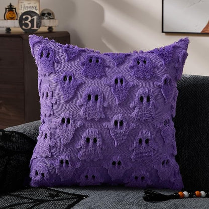 DFXSZ Halloween Pillow Covers 18x18 inch Set of 2 Purple Ghost Throw Pillow Cases Soft Plush Faux Fur Wool Cushion Case for Chair Bedroom Living Room Home Decor PTK03E18
