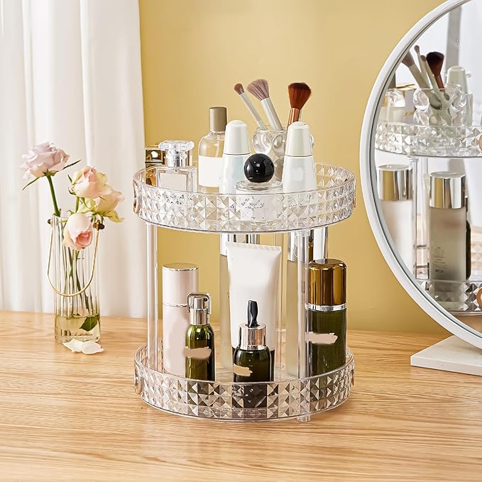 360° Rotating Makeup Organizer, 2 Tier Large Perfume Organizers with Portable Handle for Vanity Bathroom Countertop, Bathroom Counter Organizer for Cosmetics Skincare Perfume